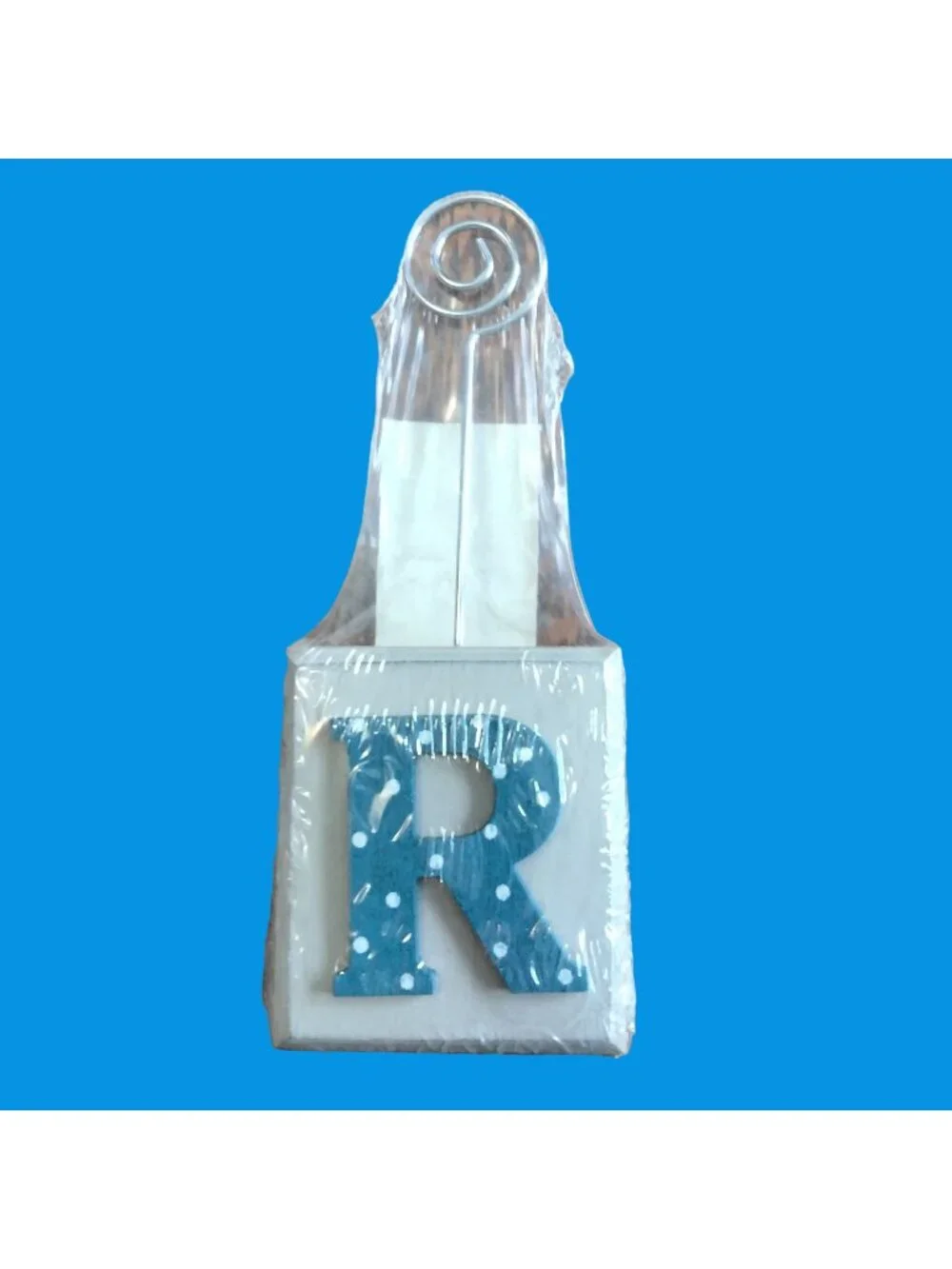 Letter R Picture Holder Name Card Stand Office Desk Display Gray Blue